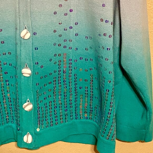 CAROL PATTERSON KNITS Sequin Embellished Sweater Ombre Cardigan Teal/Purple (L) - Picture 5 of 9